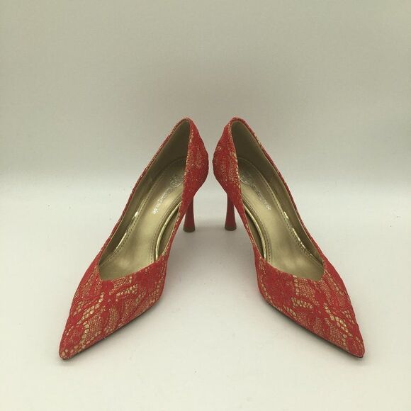 Red Women Sexy Lace Pointed Toe Mid Heels Wedding Bride Shoes - Picture 1 of 10
